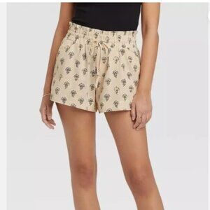 A New Day 🟣 EUC Size Large High Rise Pull-On Linen Shorts in Beige print